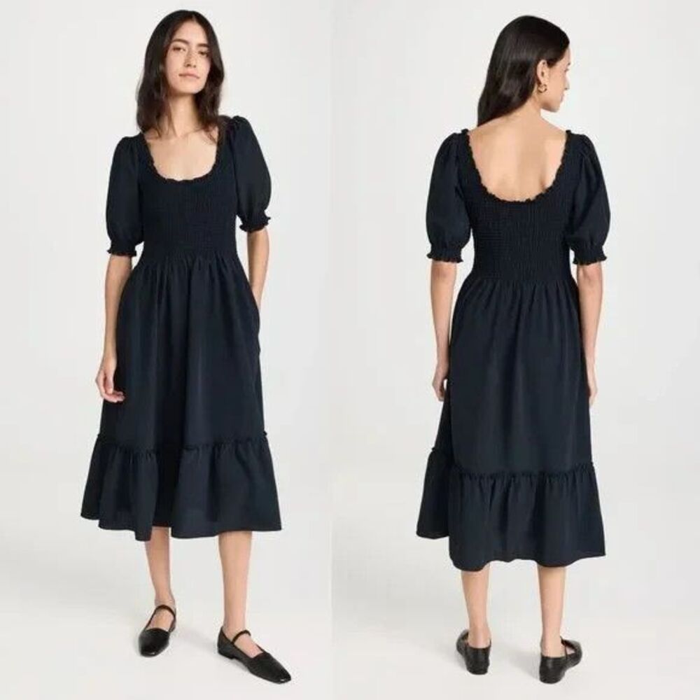 Hill House Black Smocked Midi Dress with Puff Sleeves